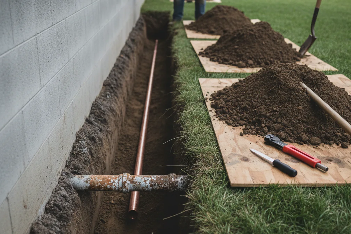 Excavated water line trench during Sewer Line Repair in Clifton